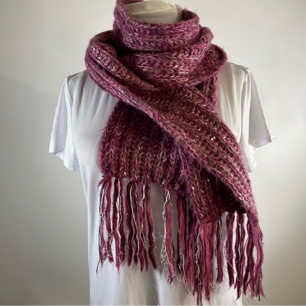 Chunky Knit Berry Pink Scarf w/ Fringe & Metallic Accents Cozy Winter Boho Wrap